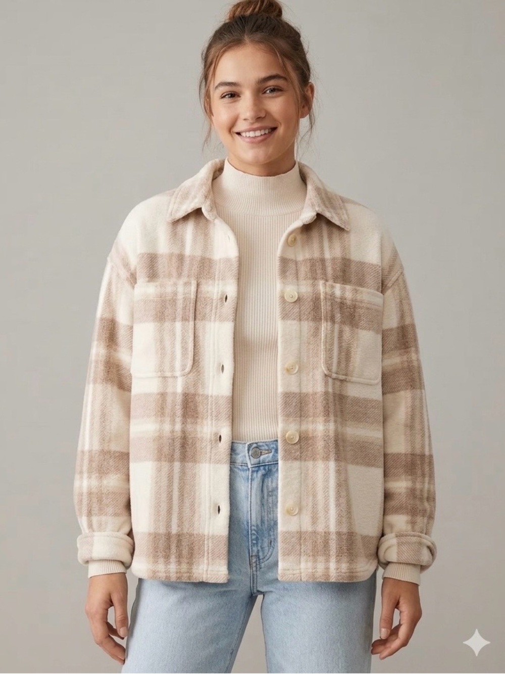 American Eagle Fleece and Love Shacket Plaid Shirt Jacket Cream Tan Oversized XS